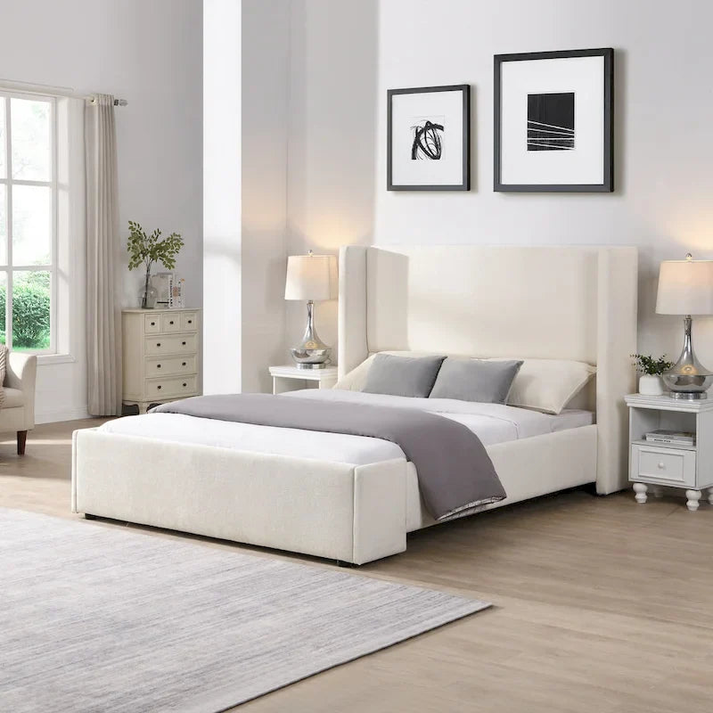 Christopher Knight Home - Isabella Queen White Fabric Upholstered Bed with Tall Wingback Headboard