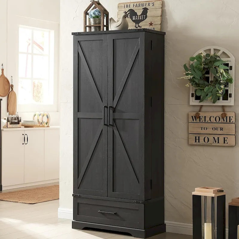 Garde-manger de cuisine de style campagnard de 72 pouces avec portes coulissantes et étagères réglables