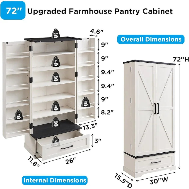 Garde-manger de cuisine de style campagnard de 72 pouces avec portes coulissantes et étagères réglables