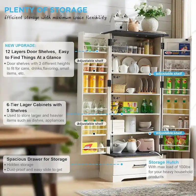 Garde-manger de cuisine de style campagnard de 72 pouces avec portes coulissantes et étagères réglables