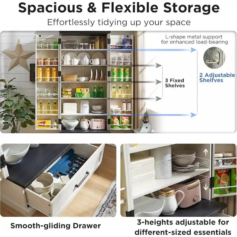 Garde-manger de cuisine de style campagnard de 72 pouces avec portes coulissantes et étagères réglables