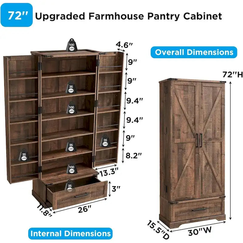 Garde-manger de cuisine de style campagnard de 72 pouces avec portes coulissantes et étagères réglables