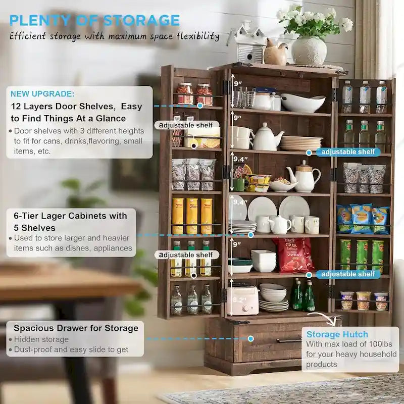 Garde-manger de cuisine de style campagnard de 72 pouces avec portes coulissantes et étagères réglables