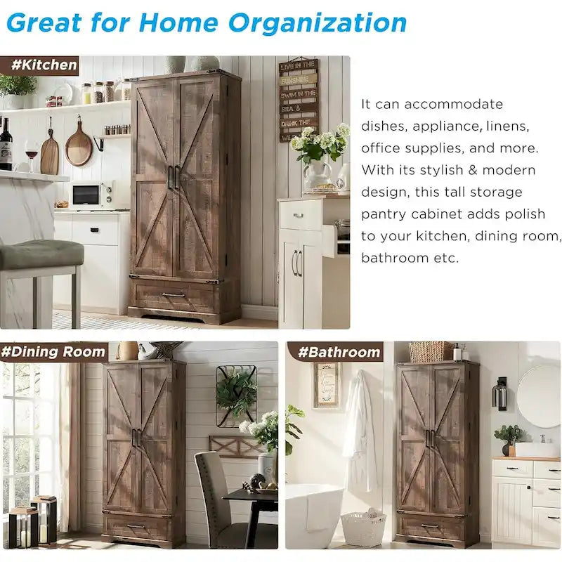 Garde-manger de cuisine de style campagnard de 72 pouces avec portes coulissantes et étagères réglables