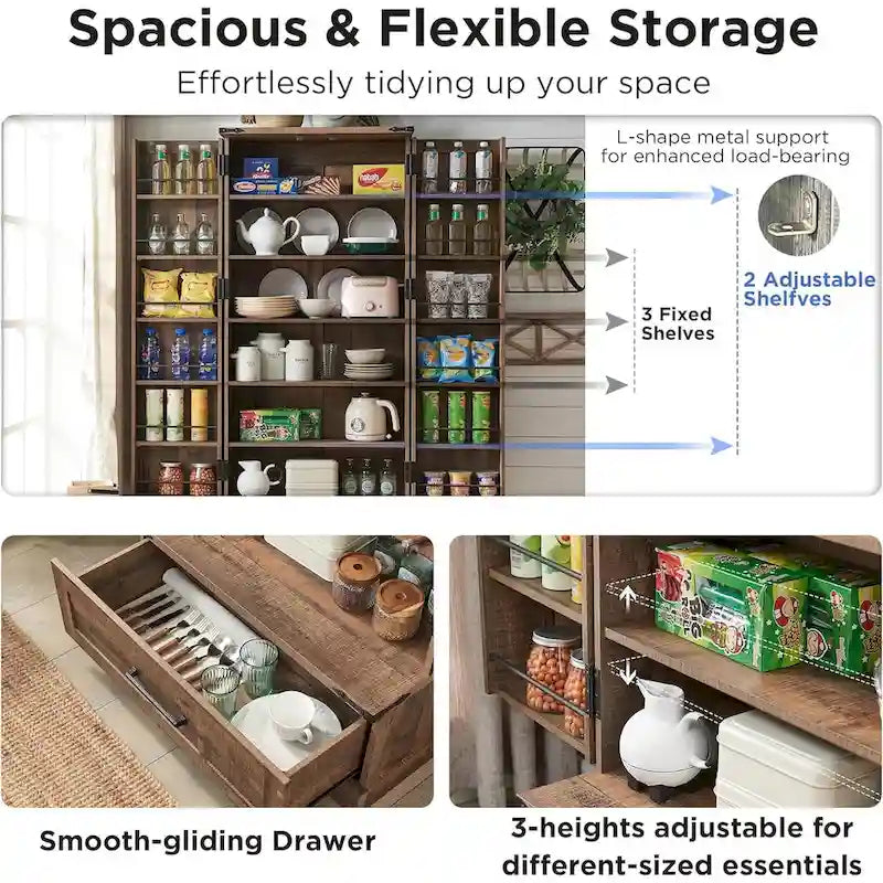 Garde-manger de cuisine de style campagnard de 72 pouces avec portes coulissantes et étagères réglables