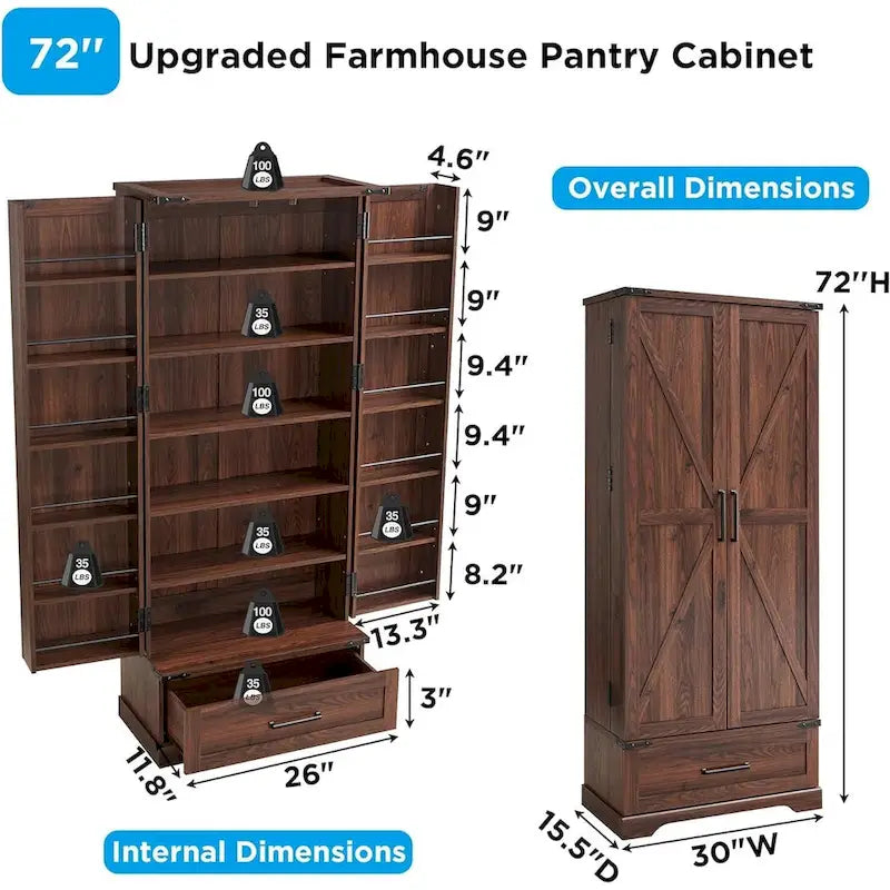 Garde-manger de cuisine de style campagnard de 72 pouces avec portes coulissantes et étagères réglables