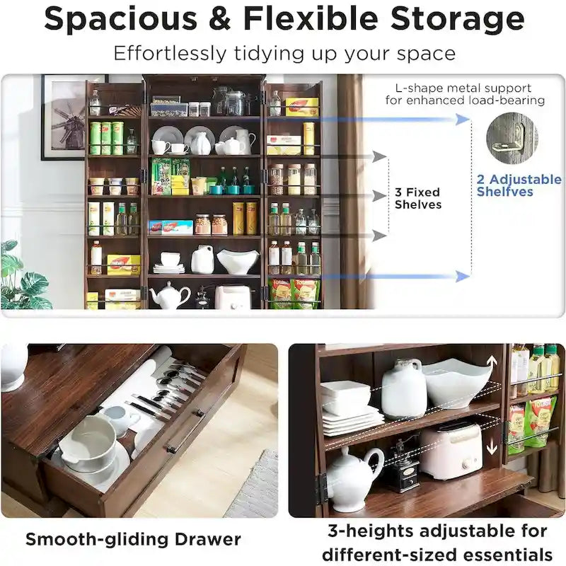 Garde-manger de cuisine de style campagnard de 72 pouces avec portes coulissantes et étagères réglables