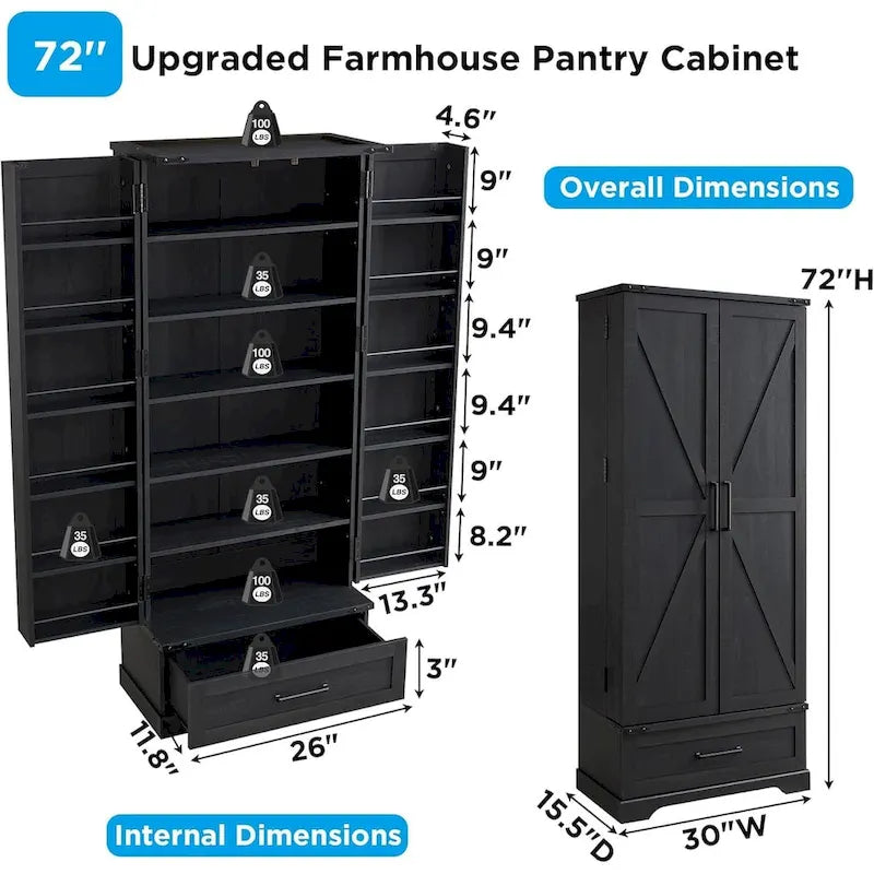 Garde-manger de cuisine de style campagnard de 72 pouces avec portes coulissantes et étagères réglables