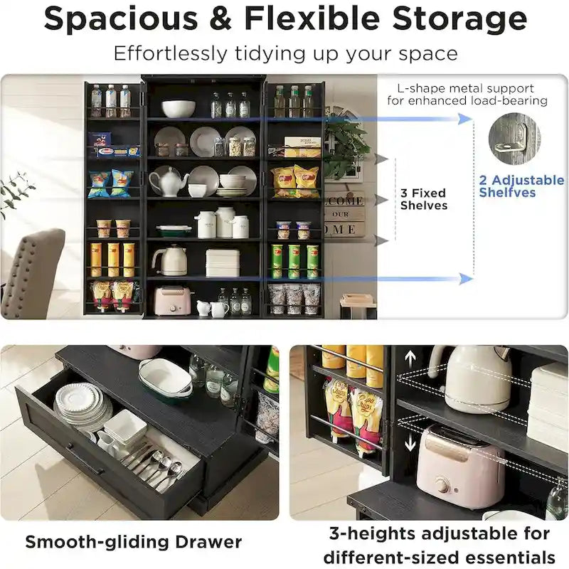 Garde-manger de cuisine de style campagnard de 72 pouces avec portes coulissantes et étagères réglables
