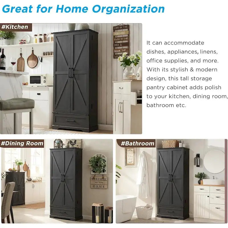 Garde-manger de cuisine de style campagnard de 72 pouces avec portes coulissantes et étagères réglables