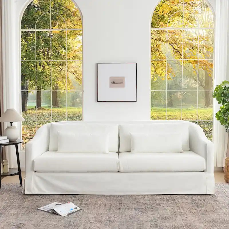 Canapé déhoussable en lin de 90 pouces à 3 places avec jupe et 4 coussins décoratifs