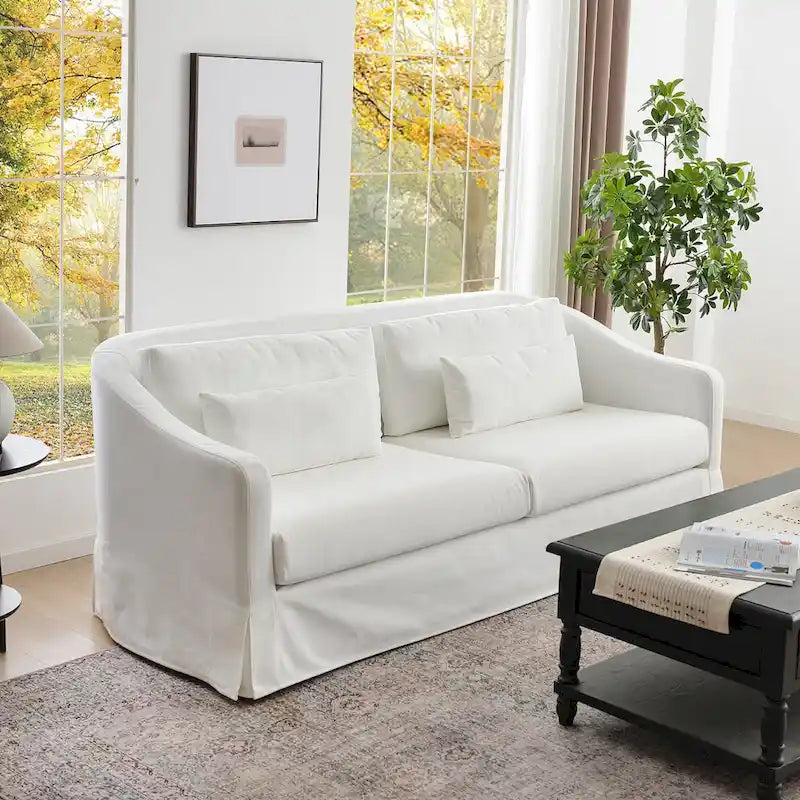 Canapé déhoussable en lin de 90 pouces à 3 places avec jupe et 4 coussins décoratifs