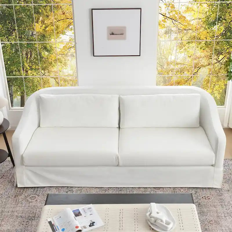 Canapé déhoussable en lin de 90 pouces à 3 places avec jupe et 4 coussins décoratifs