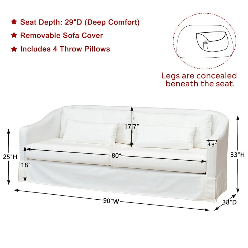 Canapé déhoussable en lin de 90 pouces à 3 places avec jupe et 4 coussins décoratifs