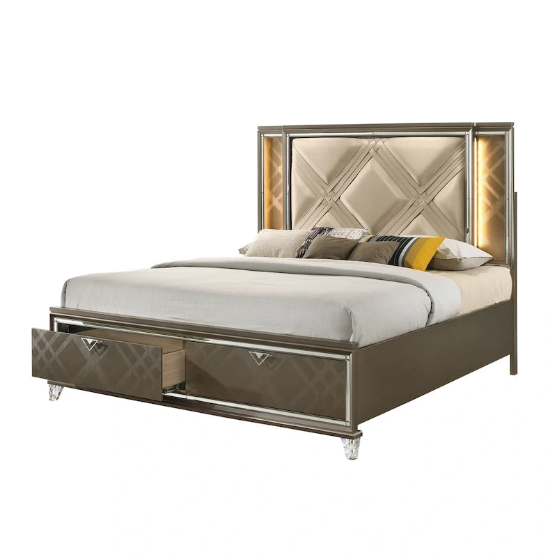 Lit double moderne en bois avec tête de lit en similicuir couleur champagne et éclairage DEL