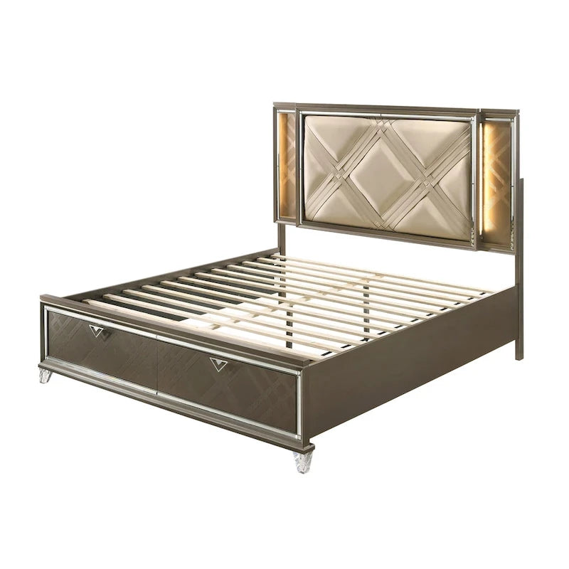 Lit double moderne en bois avec tête de lit en similicuir couleur champagne et éclairage DEL
