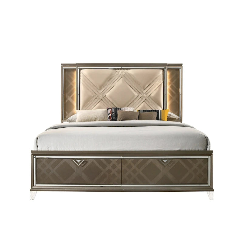 Lit double moderne en bois avec tête de lit en similicuir couleur champagne et éclairage DEL