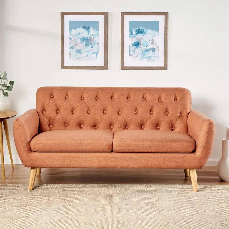 Petit canapé de style Mid-Century Modern avec dossier capitonné et pieds en bois inclinés