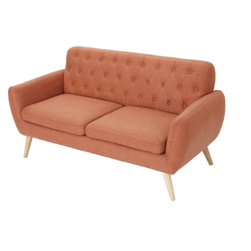 Petit canapé de style Mid-Century Modern avec dossier capitonné et pieds en bois inclinés