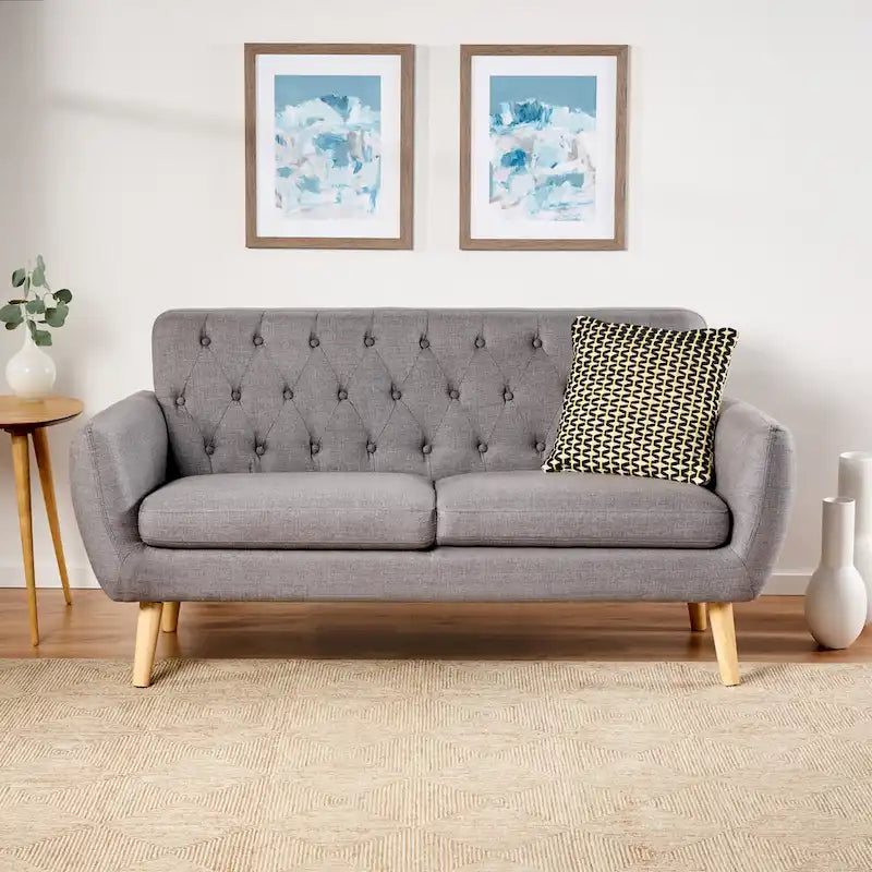 Petit canapé de style Mid-Century Modern avec dossier capitonné et pieds en bois inclinés