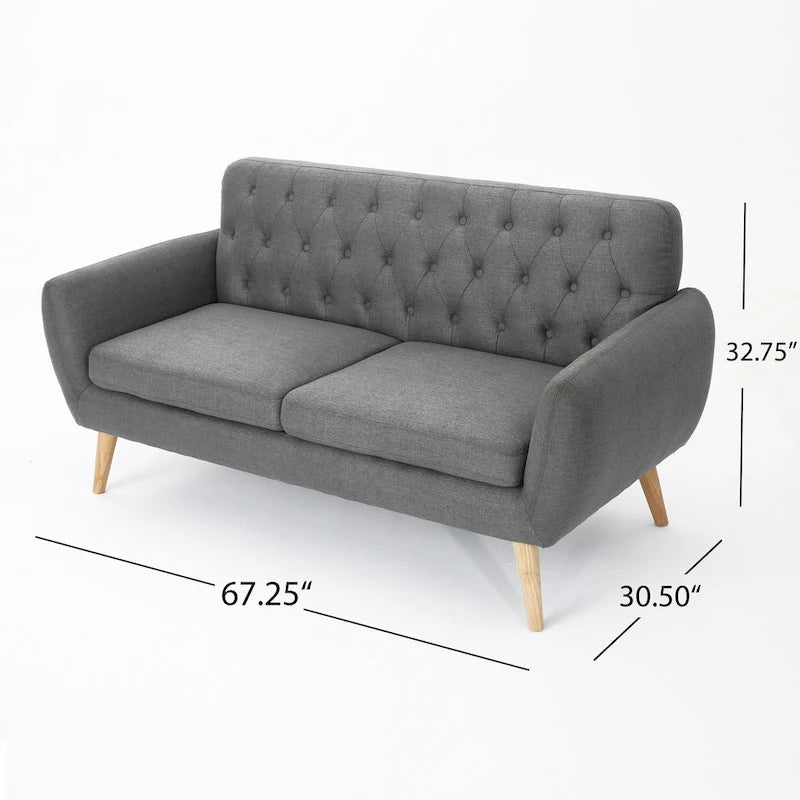 Petit canapé de style Mid-Century Modern avec dossier capitonné et pieds en bois inclinés