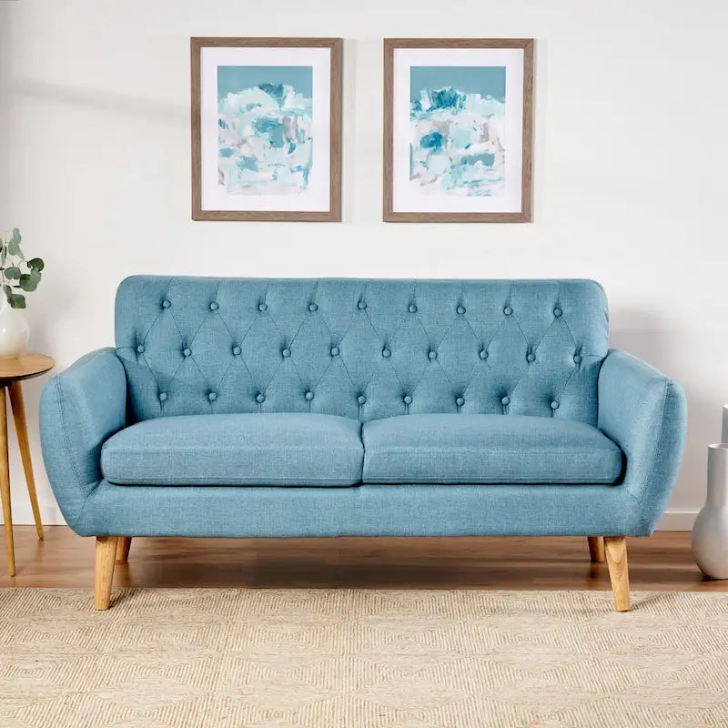 Petit canapé de style Mid-Century Modern avec dossier capitonné et pieds en bois inclinés