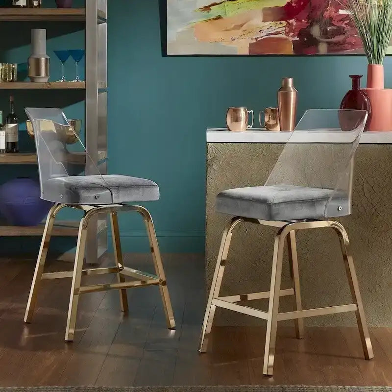 Tabourets pivotants en velours à hauteur de comptoir avec dossier en acrylique (lot de 2)