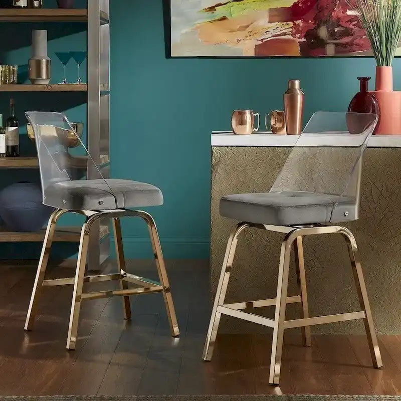 Tabourets pivotants en velours à hauteur de comptoir avec dossier en acrylique (lot de 2)