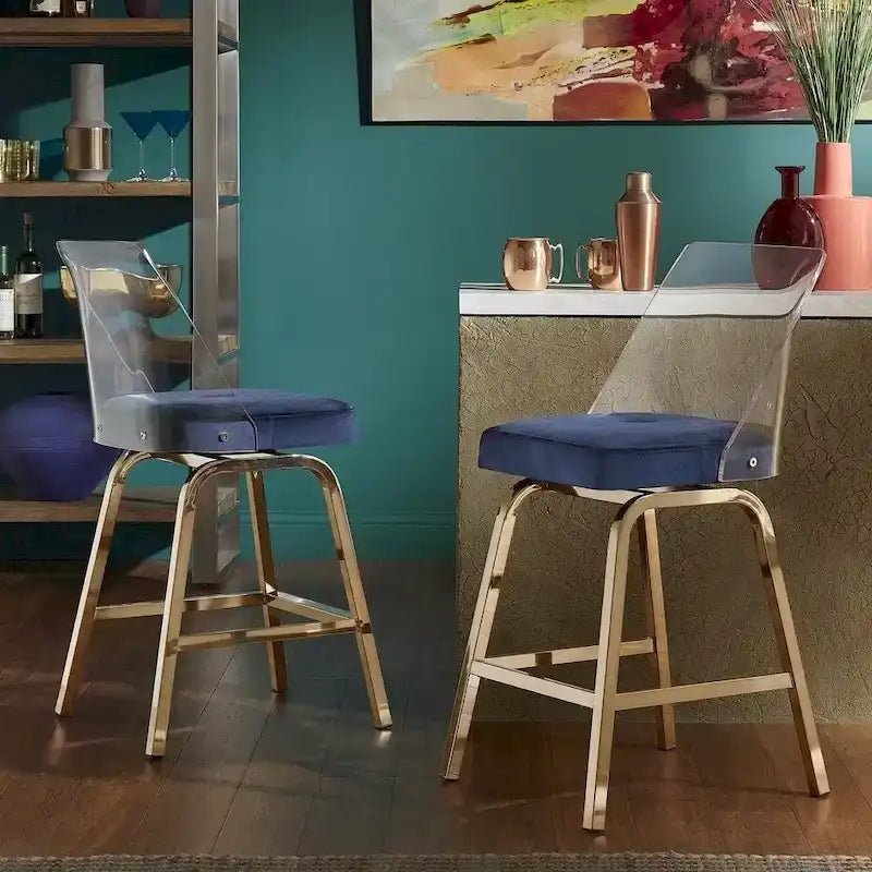 Tabourets pivotants en velours à hauteur de comptoir avec dossier en acrylique (lot de 2)