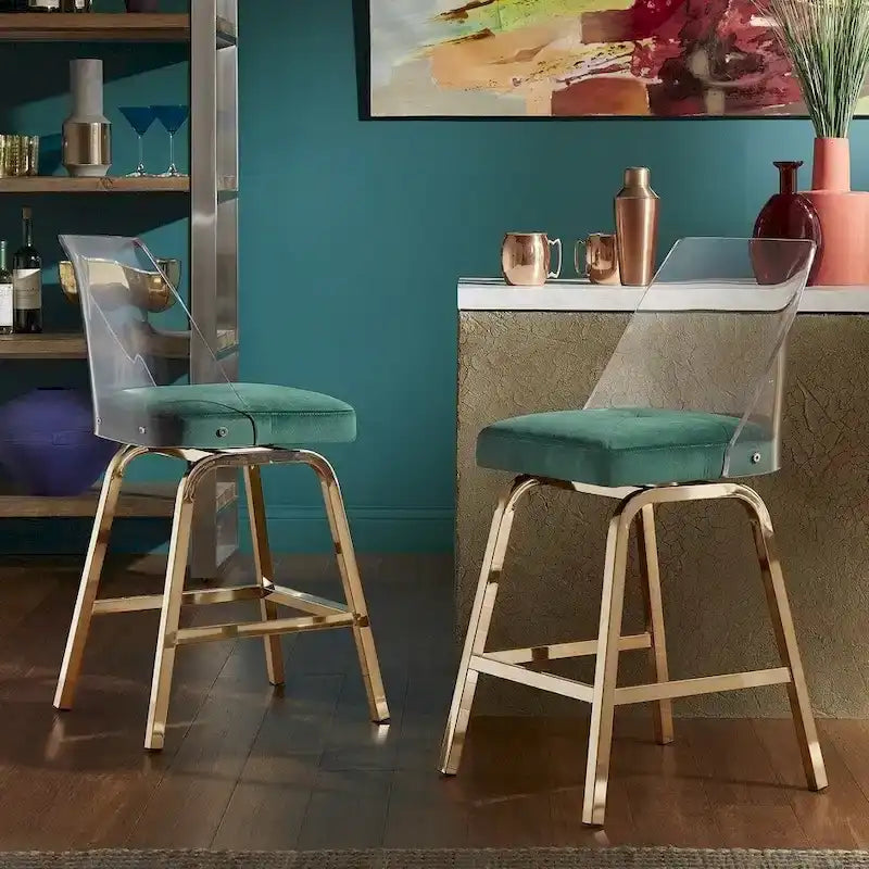 Tabourets pivotants en velours à hauteur de comptoir avec dossier en acrylique (lot de 2)