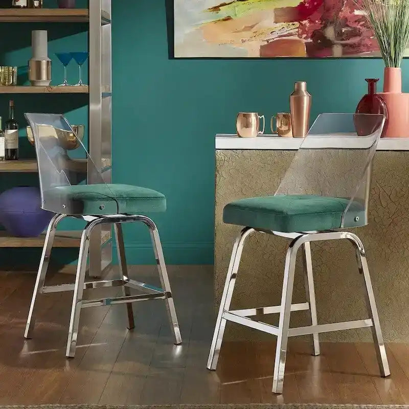 Tabourets pivotants en velours à hauteur de comptoir avec dossier en acrylique (lot de 2)