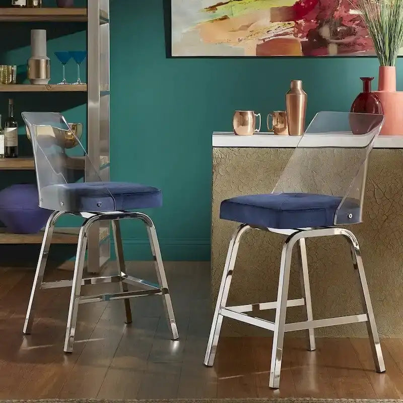 Tabourets pivotants en velours à hauteur de comptoir avec dossier en acrylique (lot de 2)