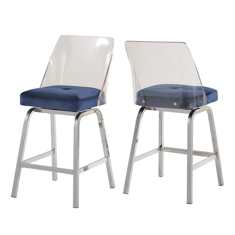 Tabourets pivotants en velours à hauteur de comptoir avec dossier en acrylique (lot de 2)