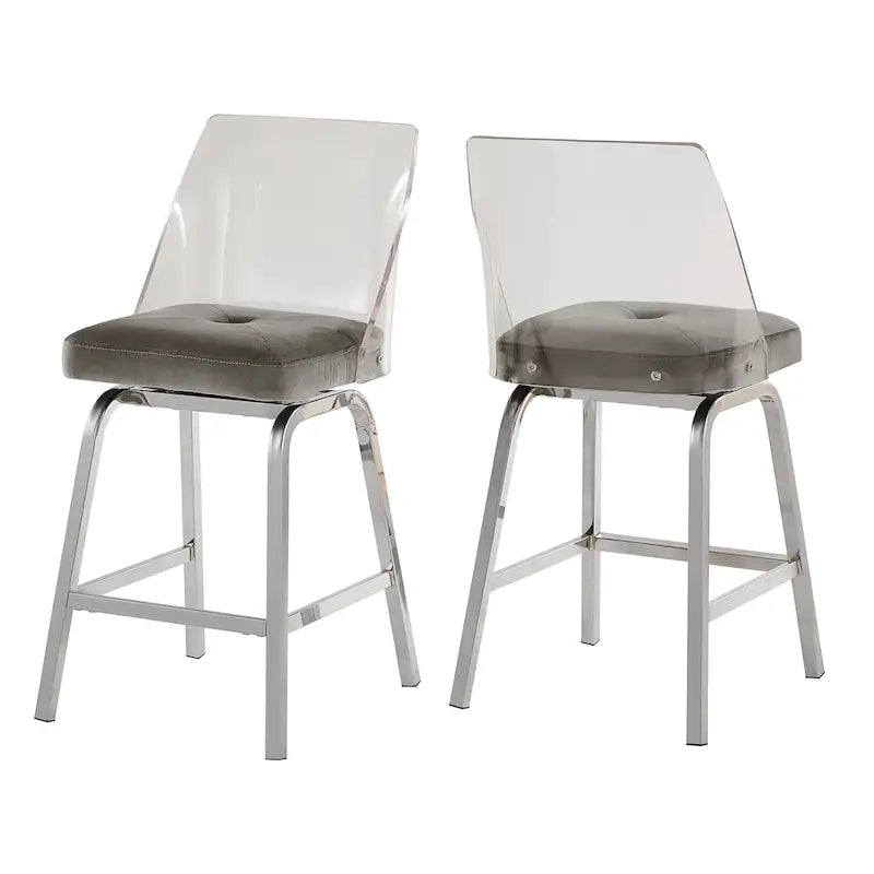 Tabourets pivotants en velours à hauteur de comptoir avec dossier en acrylique (lot de 2)