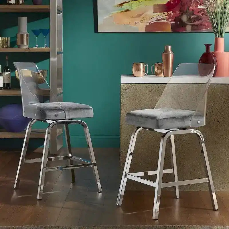 Tabourets pivotants en velours à hauteur de comptoir avec dossier en acrylique (lot de 2)