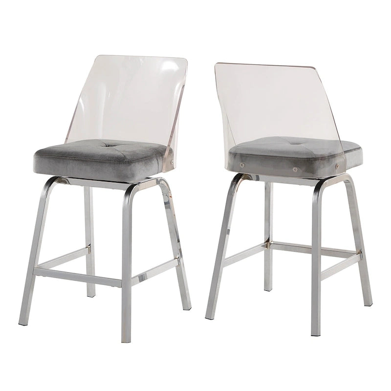 Tabourets pivotants en velours à hauteur de comptoir avec dossier en acrylique (lot de 2)