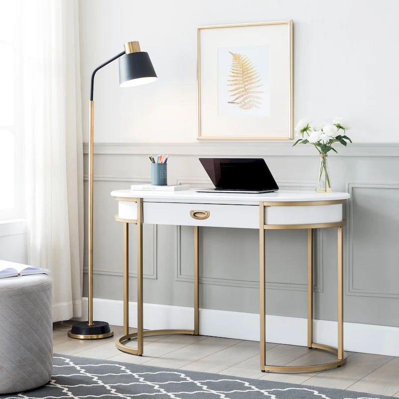 Bureau et coiffeuse contemporains à pieds ovales en métal avec miroir et tablette à clavier escamotable