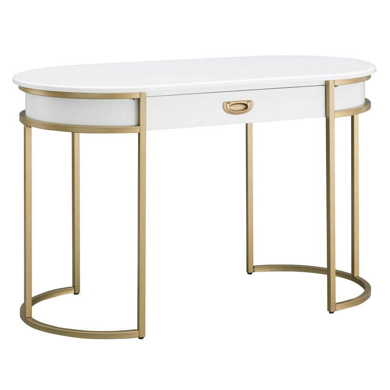 Bureau et coiffeuse contemporains à pieds ovales en métal avec miroir et tablette à clavier escamotable