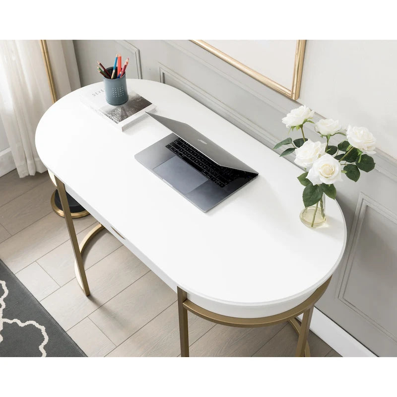 Bureau et coiffeuse contemporains à pieds ovales en métal avec miroir et tablette à clavier escamotable