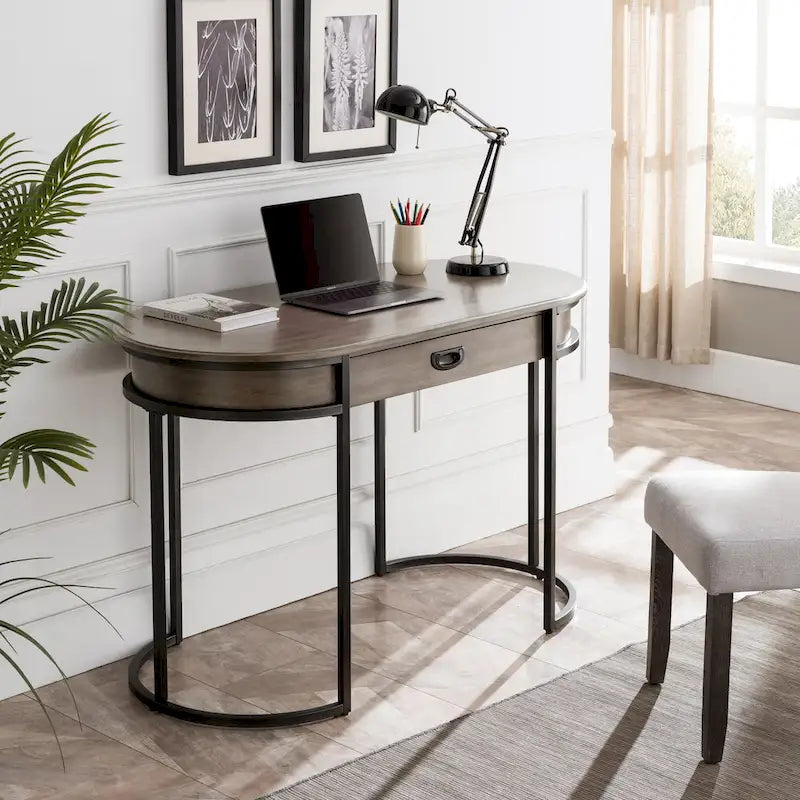 Bureau et coiffeuse contemporains à pieds ovales en métal avec miroir et tablette à clavier escamotable