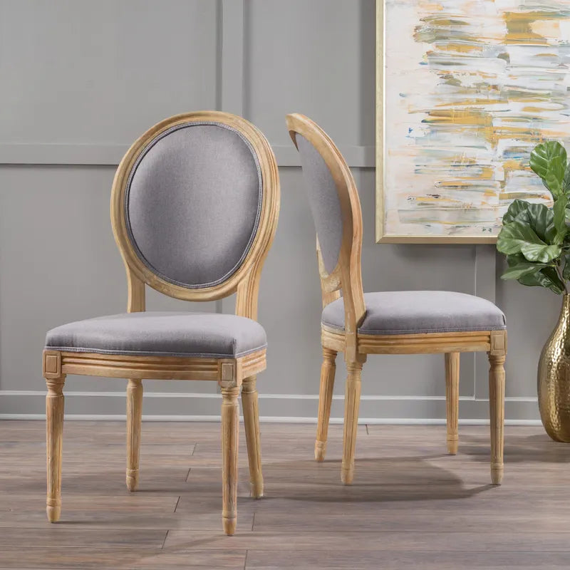 Lot de 2 chaises de salle à manger capitonnées de style campagnard français, avec dossier rond et pieds cannelés