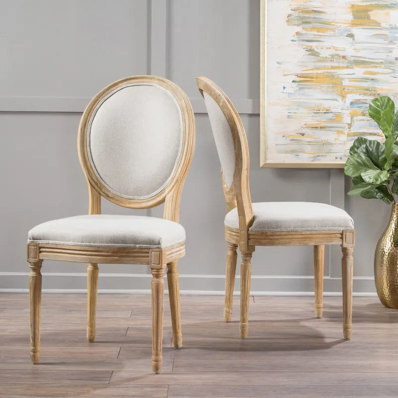 Lot de 2 chaises de salle à manger capitonnées de style campagnard français, avec dossier rond et pieds cannelés
