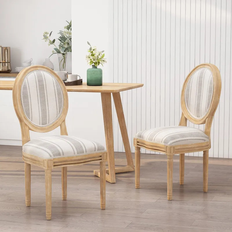 Lot de 2 chaises de salle à manger capitonnées de style campagnard français, avec dossier rond et pieds cannelés