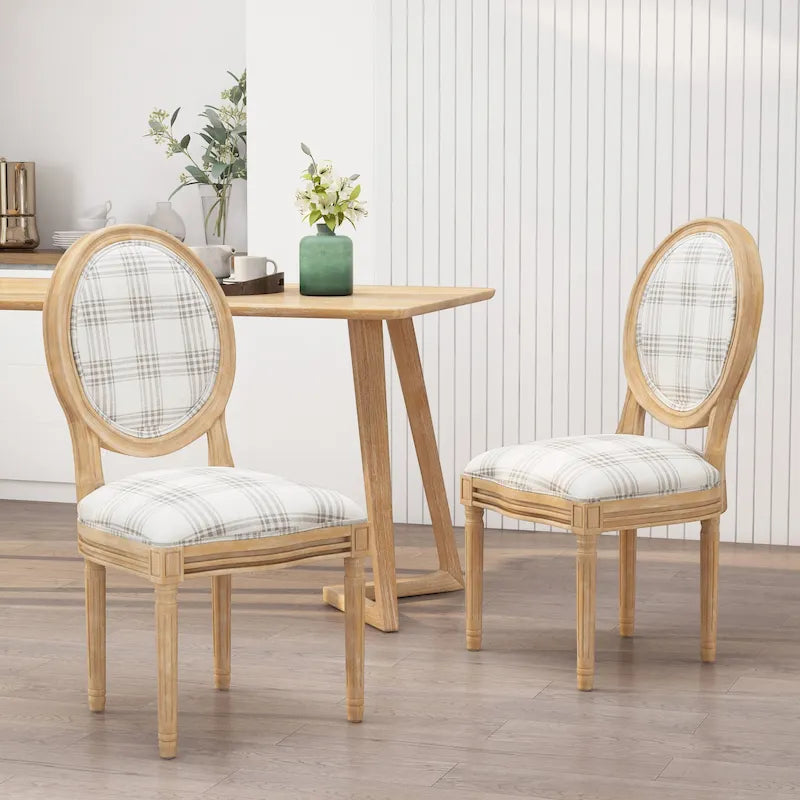 Lot de 2 chaises de salle à manger capitonnées de style campagnard français, avec dossier rond et pieds cannelés