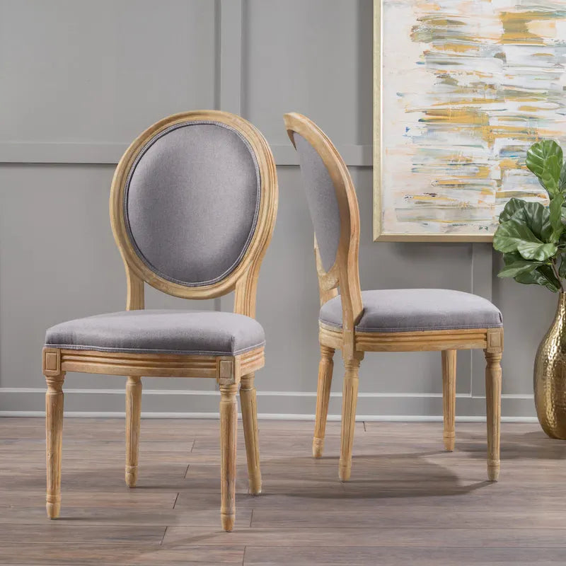 Lot de 2 chaises de salle à manger capitonnées de style campagnard français, avec dossier rond et pieds cannelés