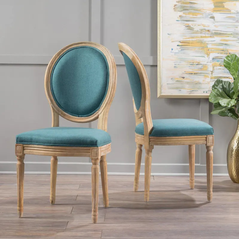 Lot de 2 chaises de salle à manger capitonnées de style campagnard français, avec dossier rond et pieds cannelés