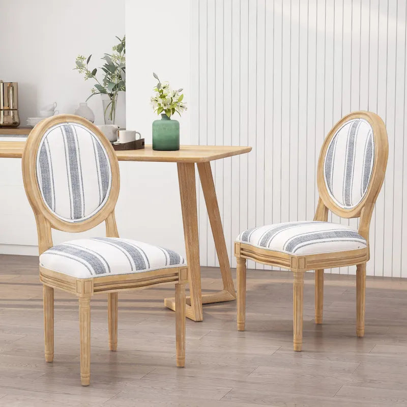 Lot de 2 chaises de salle à manger capitonnées de style campagnard français, avec dossier rond et pieds cannelés