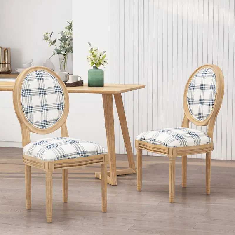 Lot de 2 chaises de salle à manger capitonnées de style campagnard français, avec dossier rond et pieds cannelés