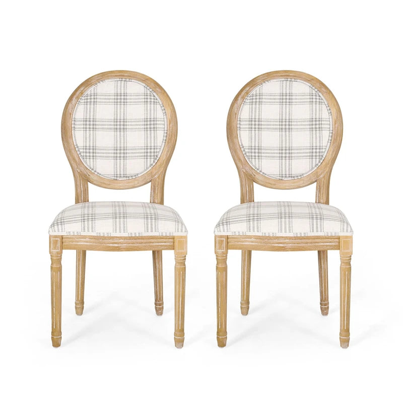 Lot de 2 chaises de salle à manger capitonnées de style campagnard français, avec dossier rond et pieds cannelés