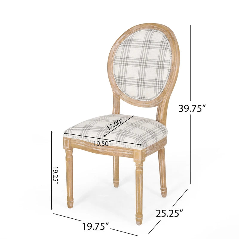 Lot de 2 chaises de salle à manger capitonnées de style campagnard français, avec dossier rond et pieds cannelés